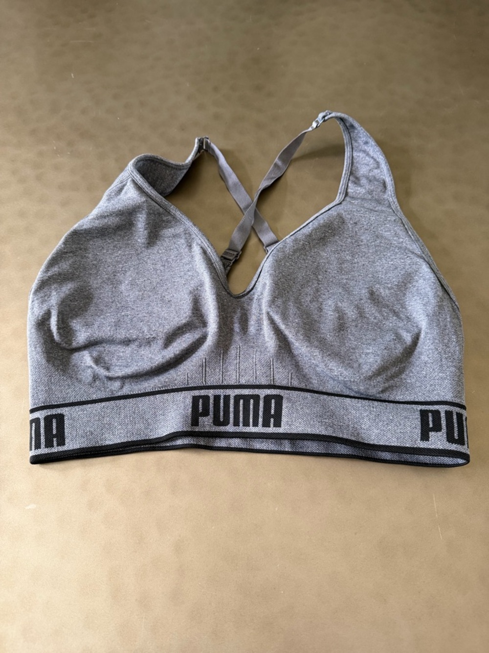 Puma Grey Reversible Seamless Cross-Back Sports Bra, Size XL, Removable Pads